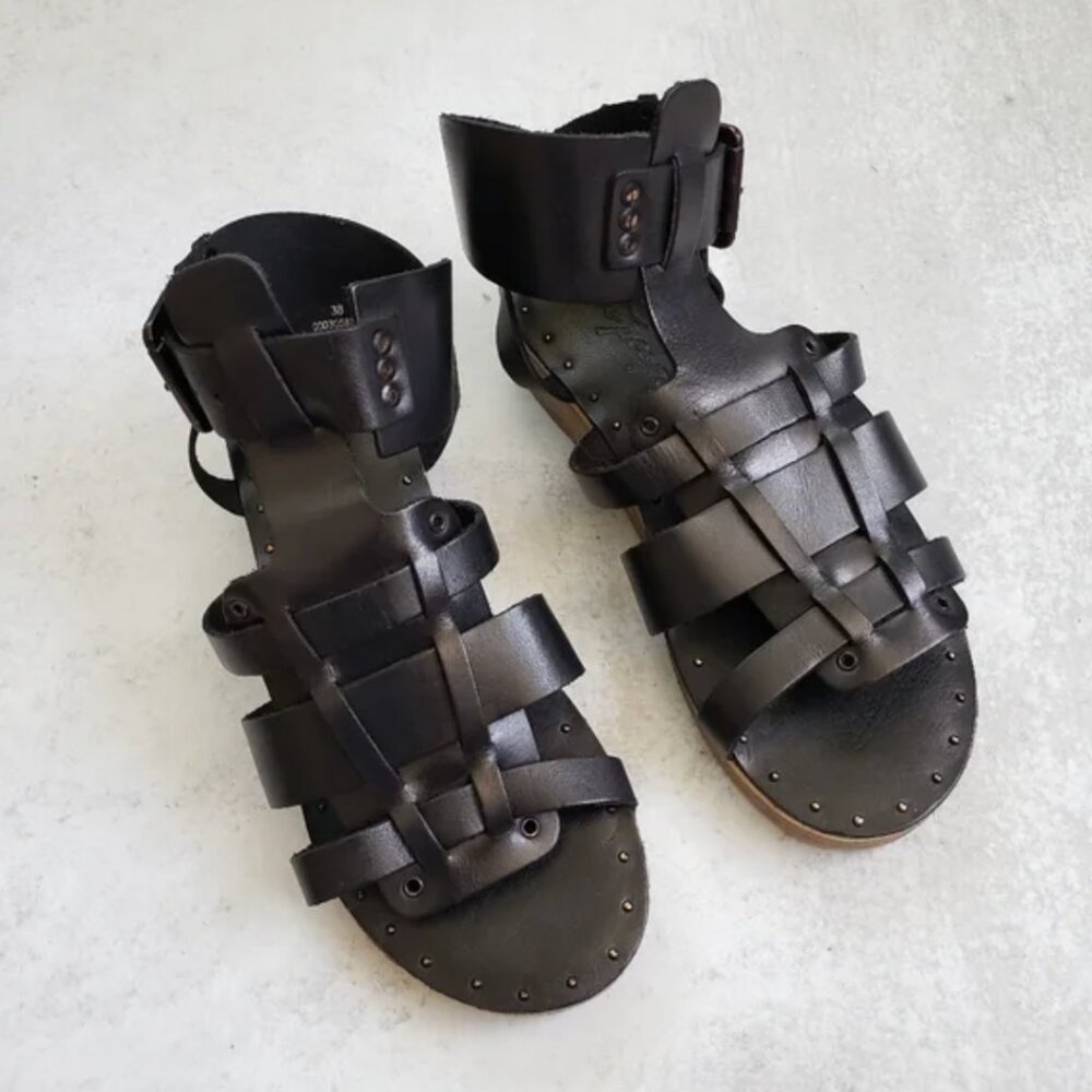 Free People Black Leather Marianne Platform Wedge Sandals Sz 8
